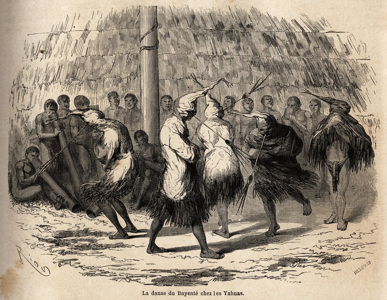 A dança da bayente, ou dança do diabo, entre os índios Yahua do Peru, organizada em honra da lua, acontece todos os anos em uma cabana montada no meio da floresta; após a cerimônia, a cabana, as flautas e os tambores são cuidadosamente queimados. Engrav de Unknown artist