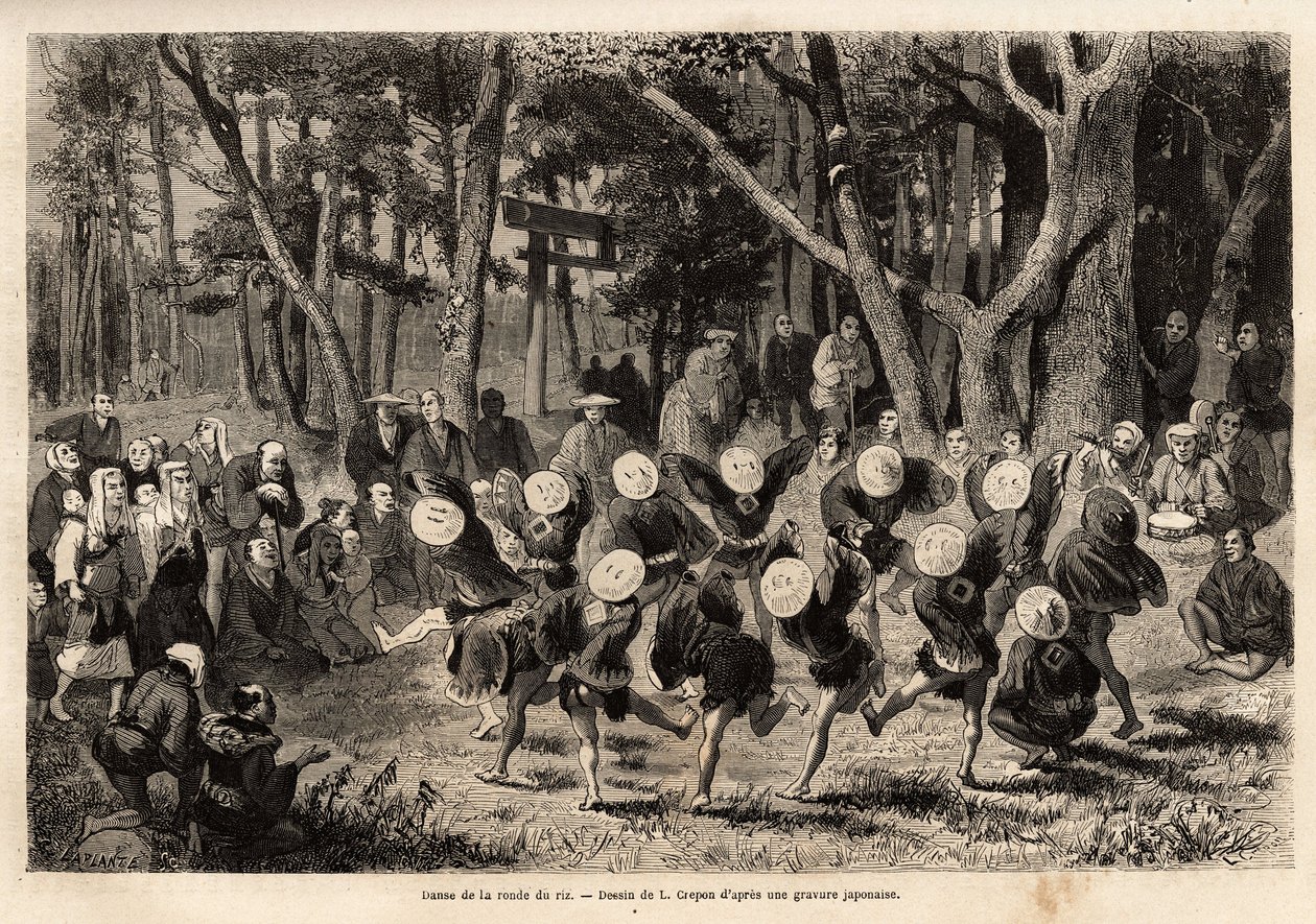 A dança da rodada do arroz, que acontece no 10º mês do ano, diz respeito às culturas cerealíferas. Gravura para ilustrar a viagem ao Japão, de Aime Humbert, ministro da Confederação Suíça, em 1863-1864, publicada em "le tour du monde", und de Unknown artist