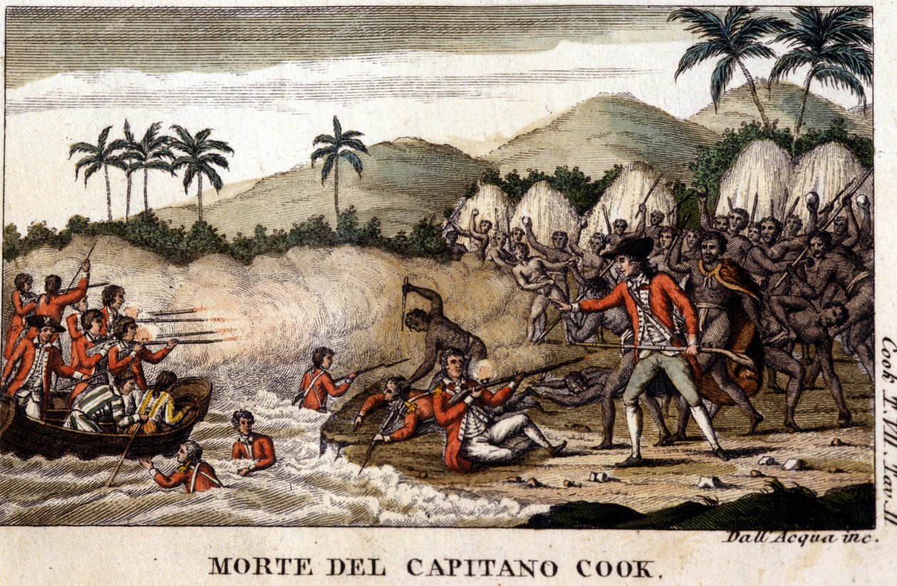 A morte do Capitão Cook depois do "Viaggi del Capitano Cook" Milão 1820 de Unknown artist