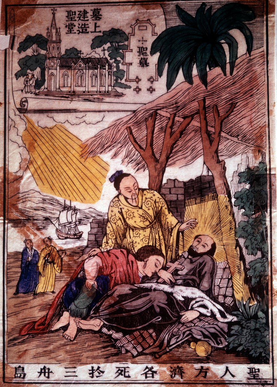 A morte de São Francisco Xavier (1506-1552), um missionário jesuíta espanhol, um dos fundadores do odre da companhia de Jesus na China. A gravura do século XIX. Chantilly, seminário jesuíta de Unknown artist