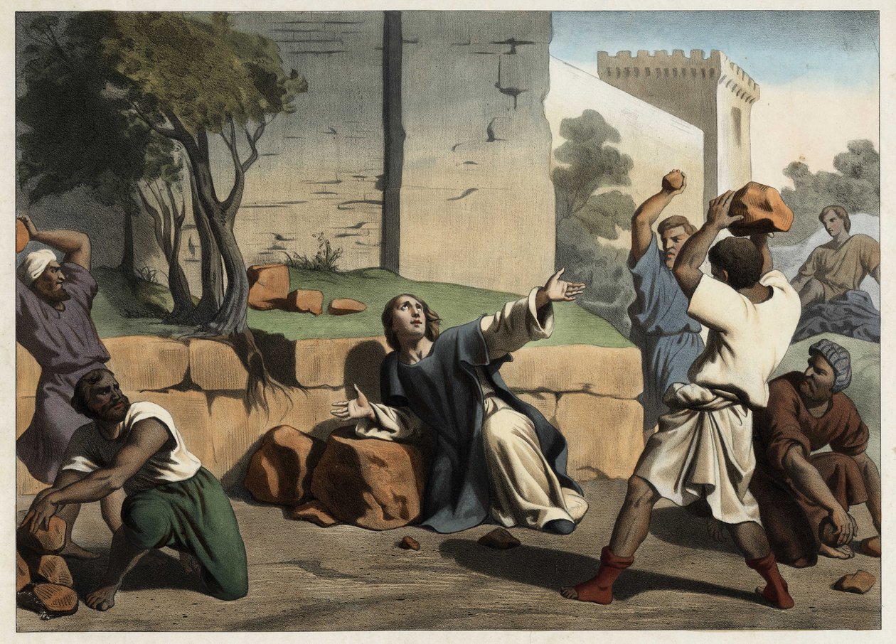 A morte de Santo Estêvão: Santo Estêvão apedrejado pelos judeus é considerado o primeiro mártir cristão. Gravura anónima de meados do século XIX. de Unknown artist