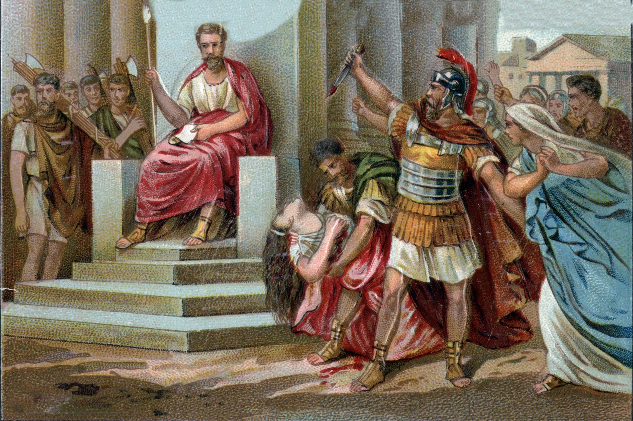 A morte de Virgínia Em 449 AC, Appius Claudius, decemvir sob a República de Roma reivindica Virgínia (Verginia), filha do Centurião Virginius (Verginius) pelo qual ele está apaixonado, como seu escravo. Abusando do seu poder, ele a faz parar. O decemvir c de Unknown artist