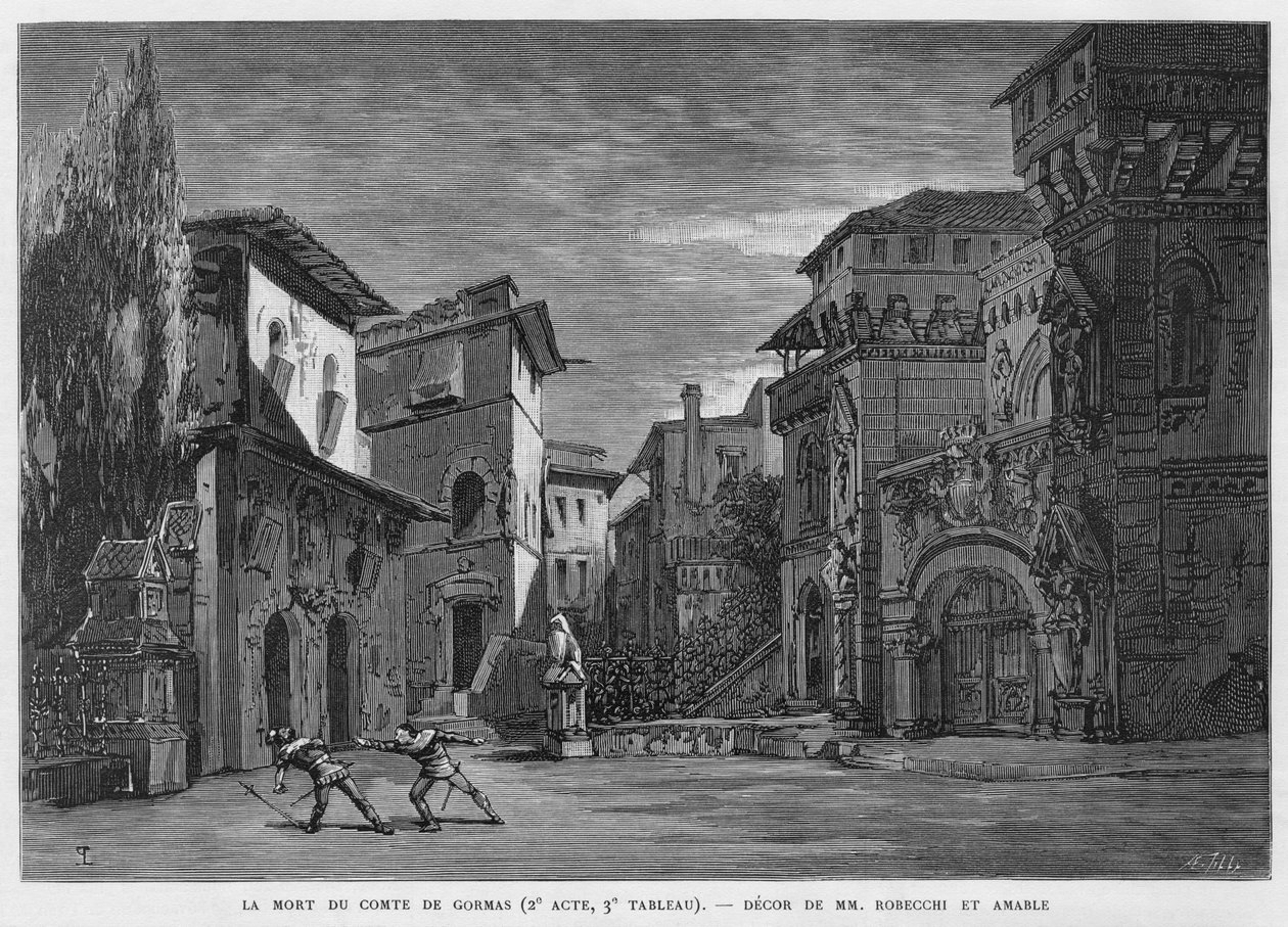 A morte do Conde de Gormas, pai de Chimene, morto pelo Cid durante um duelo Ilustração da ópera "Le Cid" de Jules Massenet, após a peça de Pierre Corneille e o poema de Guillen de Castro. Gravura do século XIX de Unknown artist