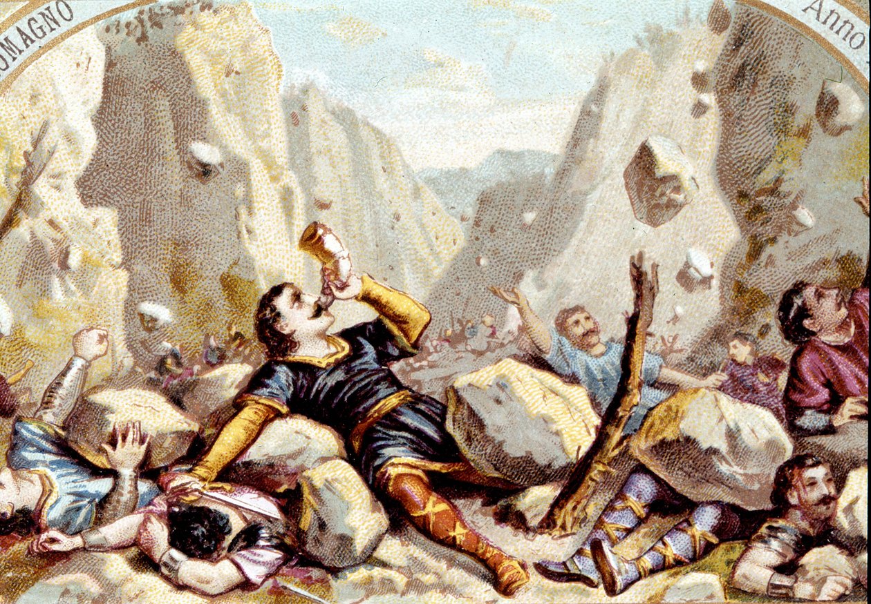 A morte do Cavaleiro Roland, sobrinho de Carlos Magno, na Batalha de Roncesvaux, 778. chromolithographaround 1900. de Unknown artist
