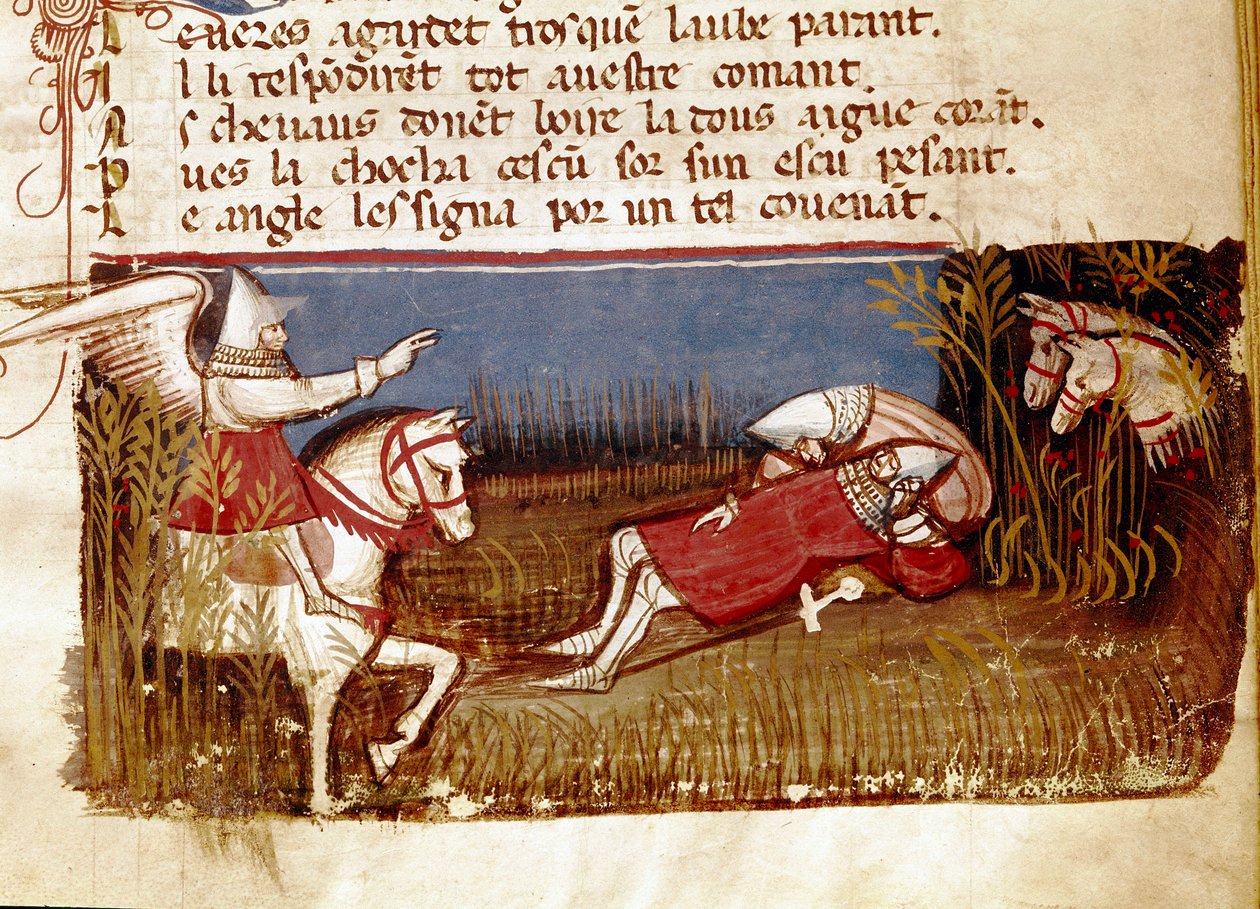 A morte do cavaleiro Roland, sobrinho de Carlos Magno, durante a Batalha de Roncevaux, 778 Miniatura tirada de "Entree of Spain". Veneza do século XIV, Biblioteca Marciana. de Unknown artist
