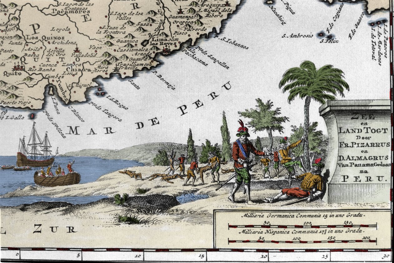 O desembarque dos conquistadores espanhóis Francisco Pizarro (François Pizarre de Unknown artist