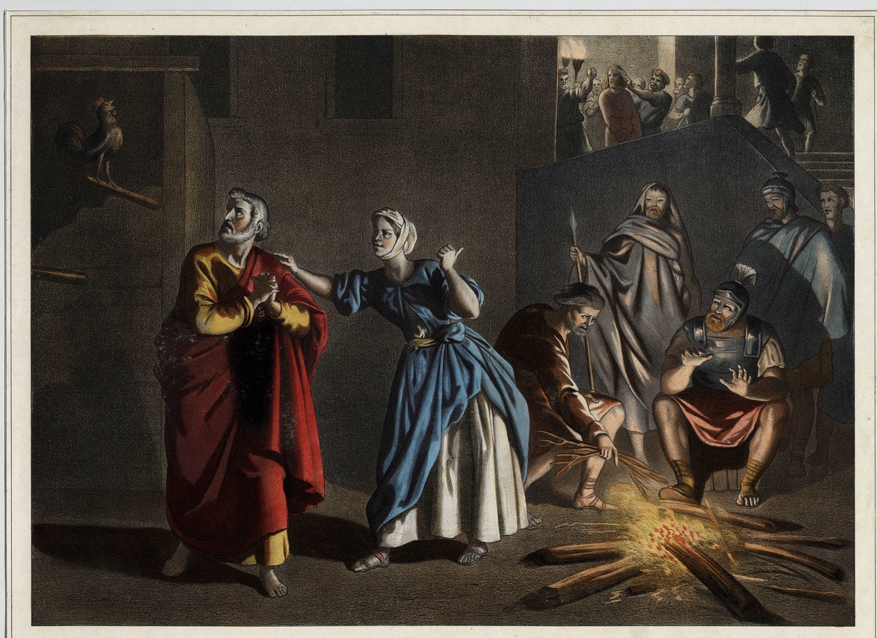 A negação de São Pedro: como Cristo tinha previsto, São Pedro nega Cristo três vezes enquanto o galo anuncia o dia. Gravura anónima de meados do século XIX. Gravura anónima de meados do séc. XIX. de Unknown artist