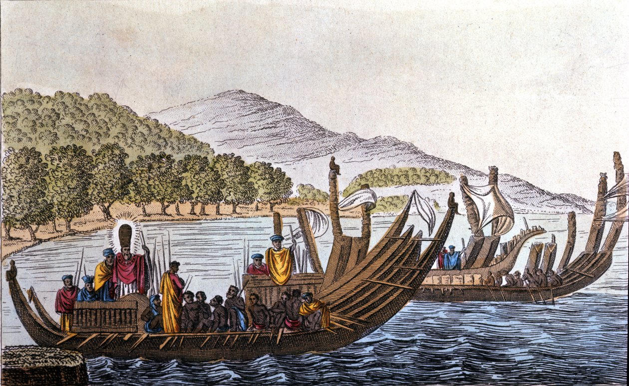 O departamento de Polinésios para o Pacífico a bordo de canoas de casco duplo. Litografia do início do século XIX de Unknown artist