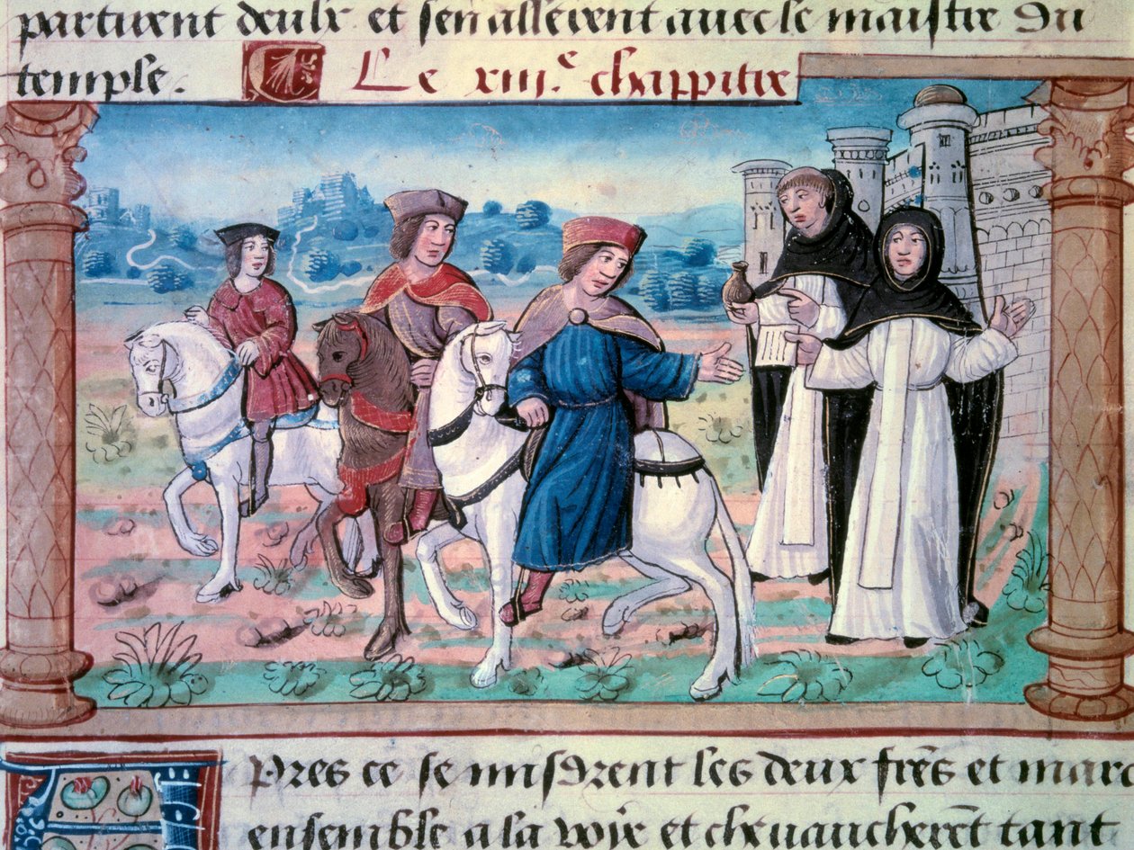 As partidas dos irmãos Nicolo e Matteo Polo, pai e tio do jovem Marco Polo (1254-1324) com o jovem por volta de 1271. Miniatura tirada de "O Livro das Maravilhas" ("Devisement du monde", "Il Milione") de Marco Polo (1254-1324) 1298 Biblico de Unknown artist