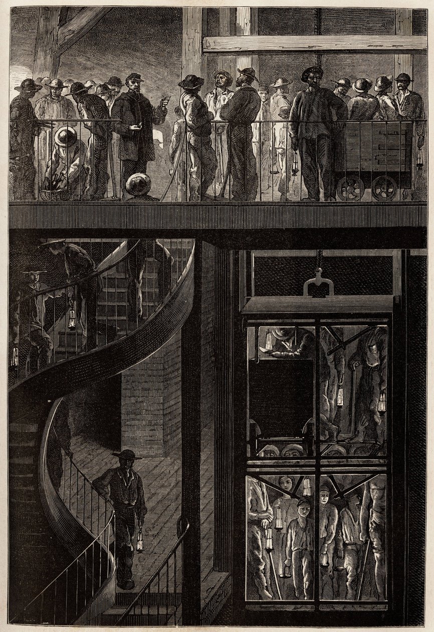 A descida dos mineiros (homens, mulheres e crianças) através da gaiola do elevador para as galerias subterrâneas das minas de carvão de Creusot. Gravura para ilustrar uma viagem ao Creusot e às minas de Saone e Loire, em 1865, por L. Simonin, em "Le tour d de Unknown artist