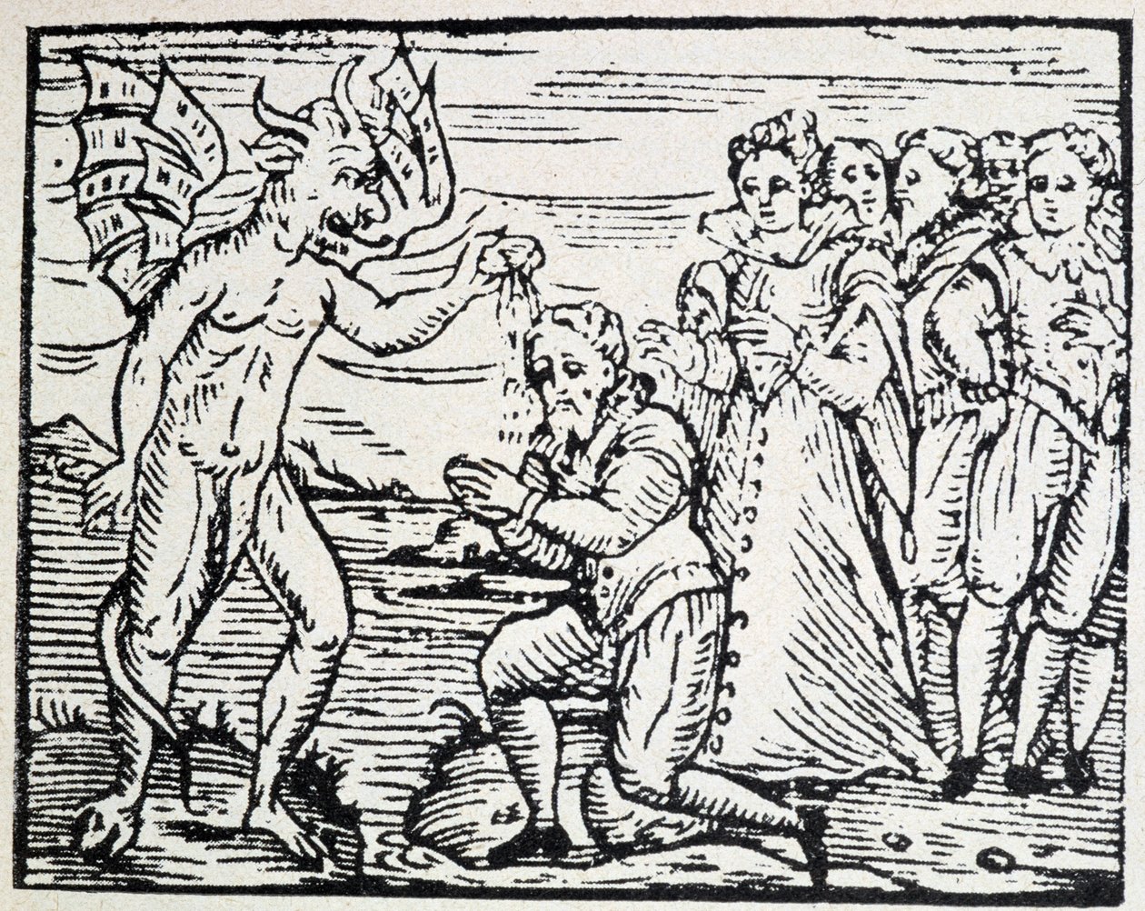 O diabo baptizando homens e mulheres em oração - gravura de Unknown artist