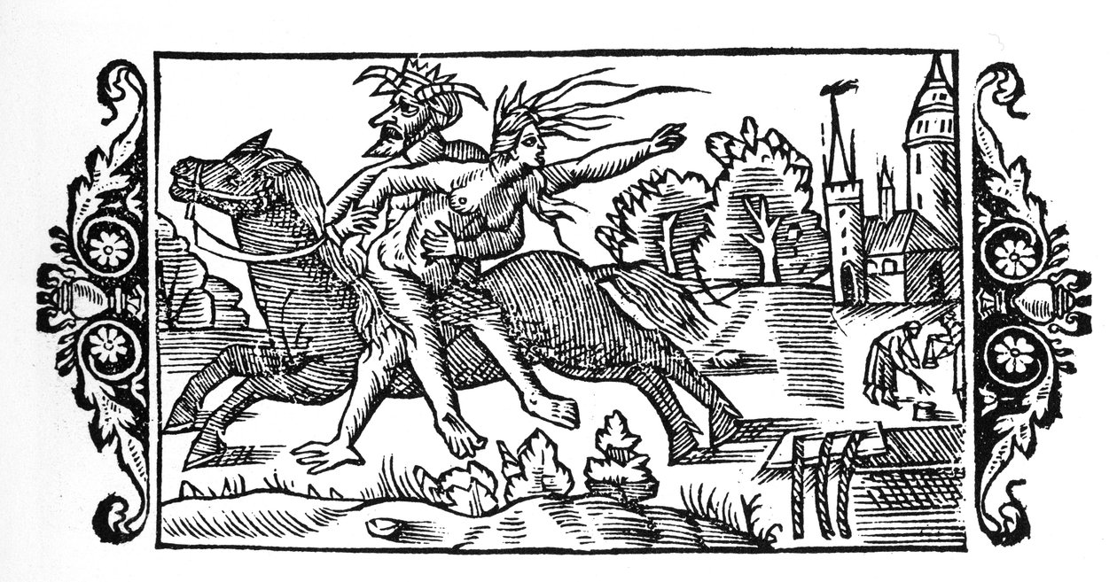 O diabo com uma bruxa - in "Historia de Gentibus Septentrionalibus" de Olaus Magnus, Roma 1555 de Unknown artist