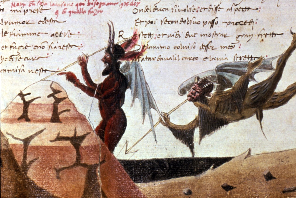 Os demônios em círculo infernal após uma edição manuscrita da Divina Commedia de Dante Alighieri (1265 - 1321) do século XIV. Bibl.Trivulziana Milan. de Unknown artist