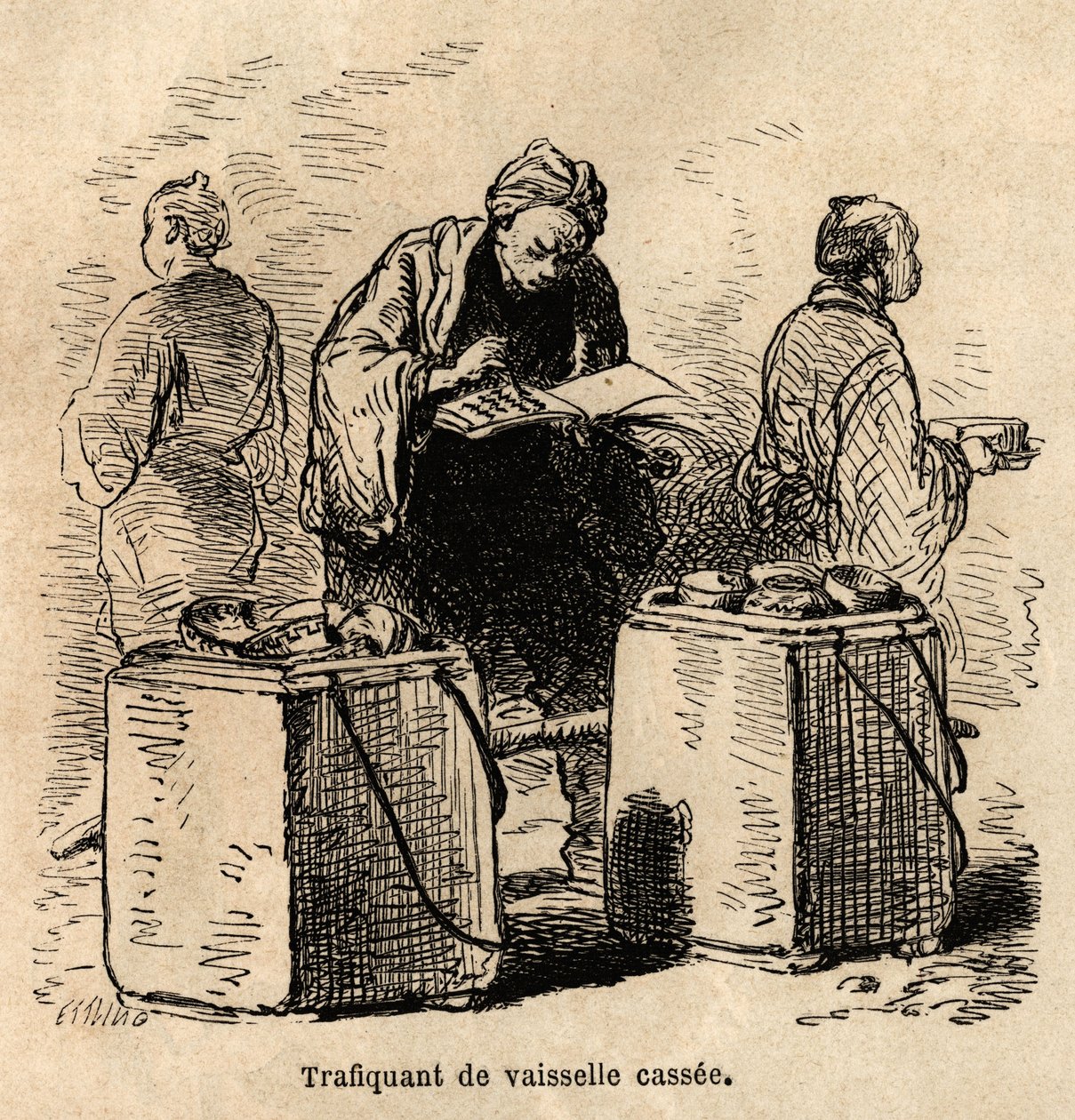 O traficante de pratos sujos. Gravura para ilustrar a viagem ao Japão, de Aime Humbert, ministro da Confederação Suíça, em 1863-1864, publicada em "le tour du monde", sob a direção de Edouard Charton, Hachette, Paris 1869.Selva Collection. de Unknown artist