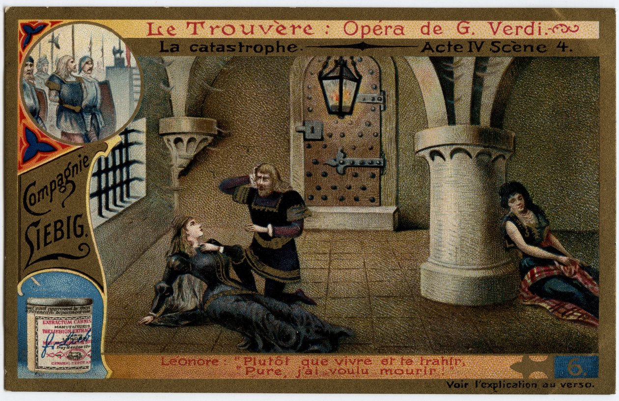 A cena 4 do acto de desastre IV. Ilustração para a ópera "O achado" (Il trovatore) de Giuseppe Verdi (1813-1901). Cromolitografia (Chromo) Liebig do final do século XIX. de Unknown artist