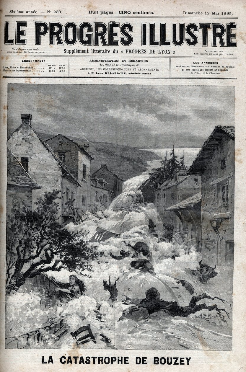 O desastre de Bouzey (Vosges), a barragem do reservatório de Epinal quebrou-se, derramando 7 milhões de metros cúbicos de água - Gravura em "Le Progres illustrious" de 1895 de Unknown artist