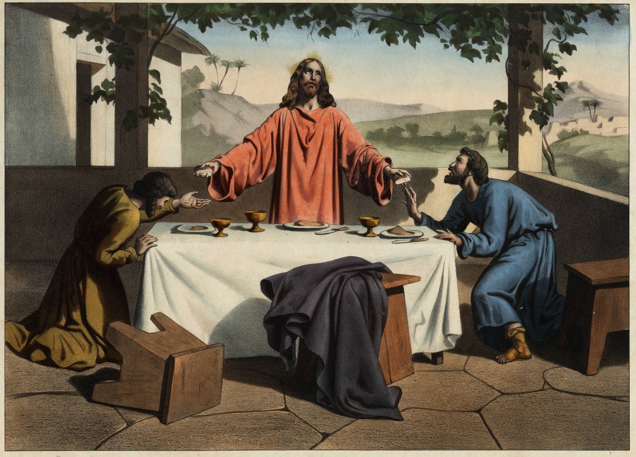 Os discípulos de Emaús (Emaús) encontram o Cristo ressuscitado na noite da Páscoa, que partilha o pão. Gravura anónima de meados do século XIX. de Unknown artist