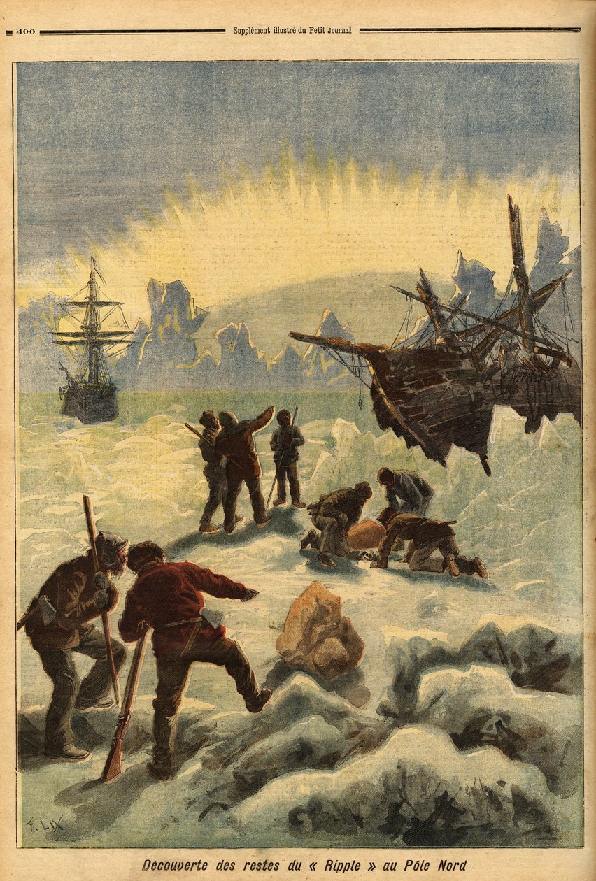 A descoberta dos restos do Ripple (navio norueguês), apanhado no gelo do Pólo Norte. Gravura no "Le petit journal" 16/12/1893. A colecção da Selva. de Unknown artist