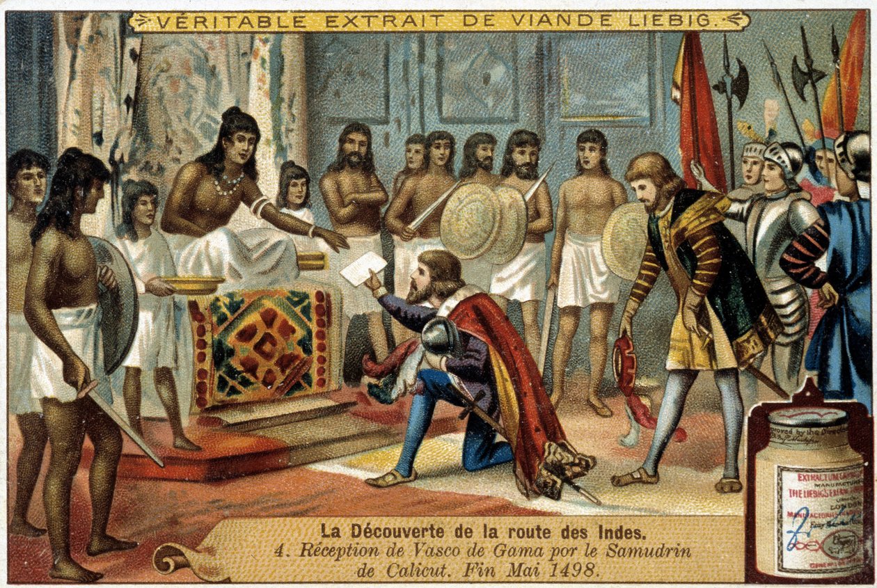 A descoberta da rota das Índias: Recepção de Vasco de Gama pela Samudrin de Calicut, final de Maio de 1498 - vinheta publicitária Liébig de Unknown artist