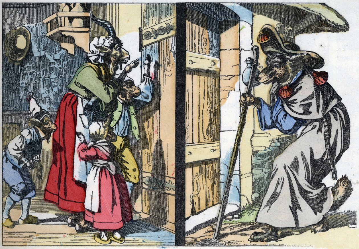 O lobo disfarçado bate à porta da casa com o bode e os biquetes. Ilustração do conto "Compere le Loup, Maitre Renard, Comere la Chevre et ses petits biquets" depois de uma fábula de Jean de la Fontaine. Em "Contos do lar para os pequenos de Unknown artist