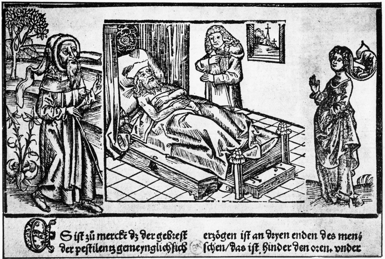 O médico na cama do pestiferé, gravura em madeira do "Liber pestilentialis" de Jérôme Brunschwig, Estrasburgo de Unknown artist