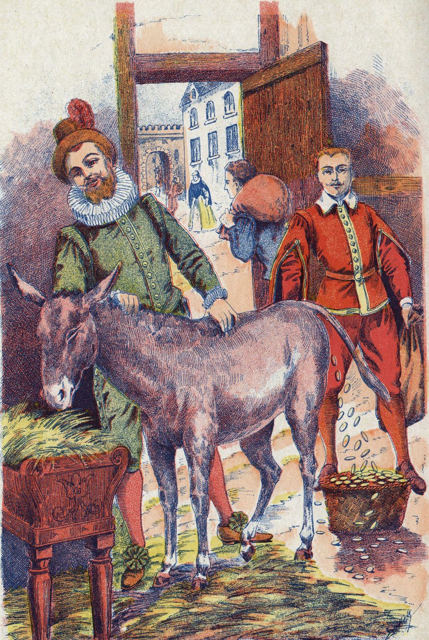 O burro com ecus de ouro. Ilustração do conto "Donkey Skin" de Charles Perrault (1628-1703), escritor francês. Ilustração anônima. Imagery Marcel Vagne, Jarville Nancy, sem data (final do século XIX). de Unknown artist