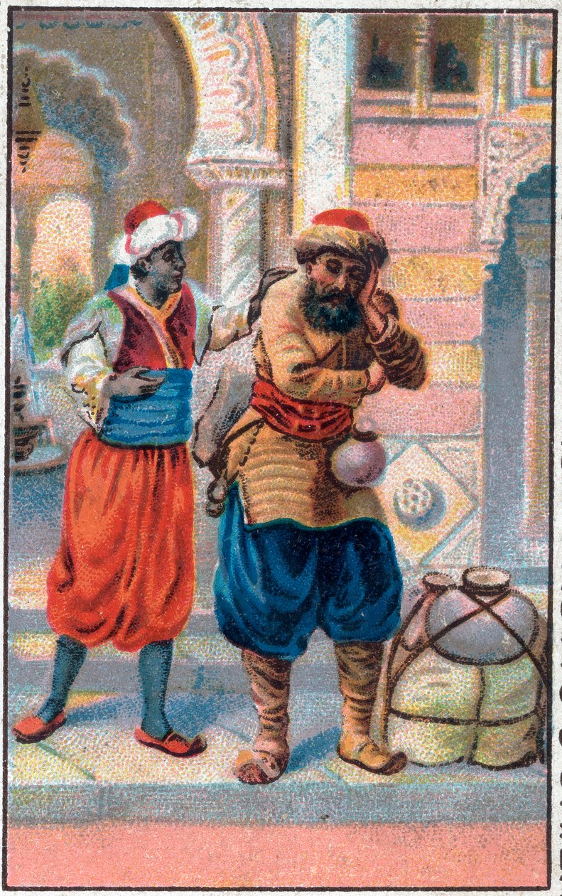 A porta faix. As maravilhosas aventuras de Sinbad (Sindbad), o marinheiro. Conto popular de 1001 noites (mil e uma noites). A cromolitografia do final do século XIX. de Unknown artist