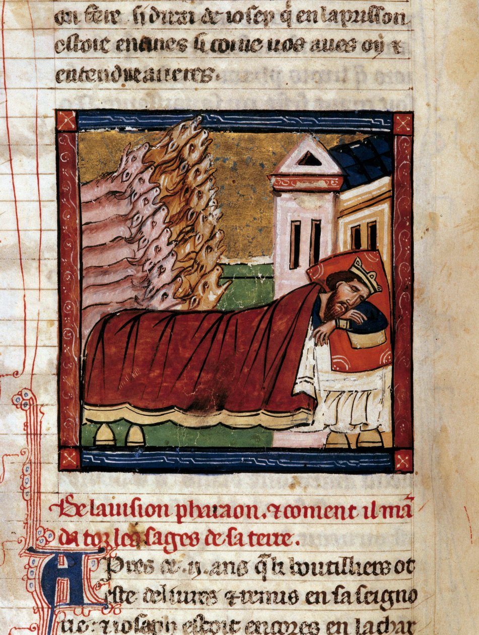 O sonho do Faraó, rei do Egito: a visão das sete vacas magras e das sete vacas gordas, correspondente a sete anos de alimento e sete anos de abundância. Miniatura do manuscrito "História Universal" do século XIII, aproximadamente. LIBERDADE MUNICIPAL de Unknown artist
