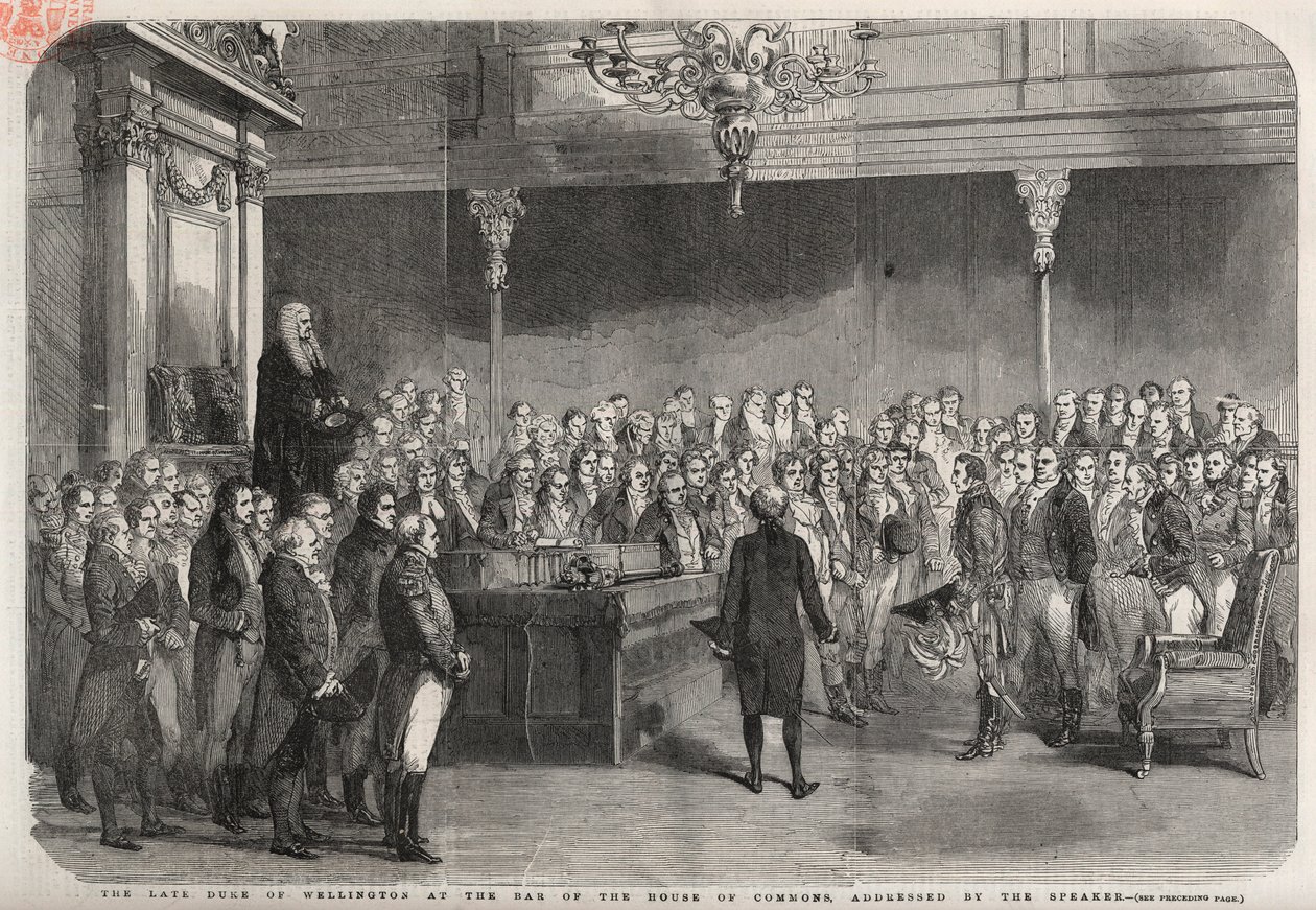 O Duque de Wellington (Arthur Wellesley (1769-1852) (Duque de Wellington) está no bar da Câmara dos Comuns para receber as felicitações do Orador pela sua vitória no Vimeiro, Guerra Peninsular de Unknown artist