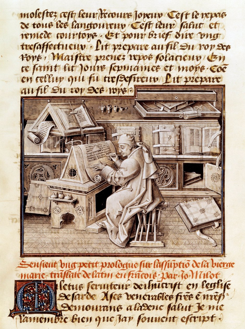 O eclesiástico, copista e tradutor Jean Mielot (falecido em 1472) representa o trabalho no seu escritório Página de um manuscrito do século XV. Paris, B.N. de Unknown artist