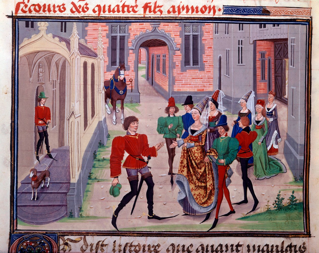O noivado de Clarisse, filha do Rei Yvon de Gascony e de Renaud Miniature do manuscrito "Renaud de Montauban" ou "Les quatre fils Aymon" de Loyset Liedet (activo entre 1448 e 1478). Ms. 5073. Bibliotheque de l