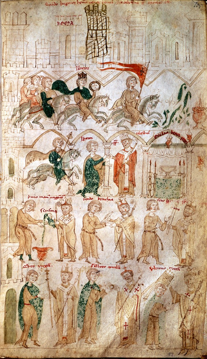 A entrada de Henrique VI do Santo Império (1165-1197) em Roma e sua coroação como Imperador em 14/04/1191 pelo Papa Celestin III Página tirada de "Liber ad honorem Augusti" por Pietro da Eboli (Pedro de Eboli) - (codex 120, fol 105) Burgerbibli do século X de Unknown artist