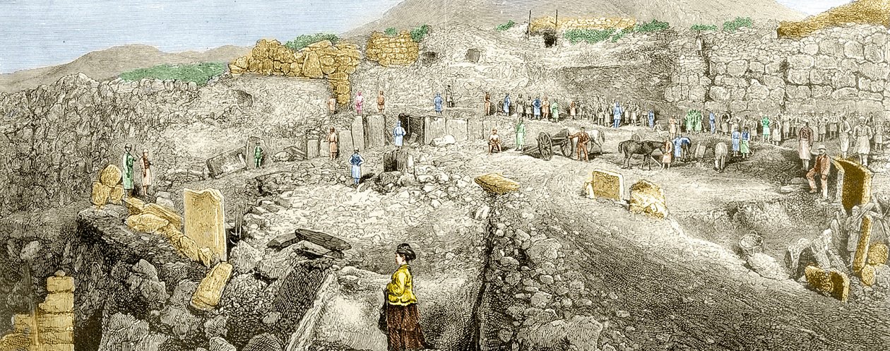 As escavações em Micenas, lideradas por Heinrich Schliemann. Século XIX. de Unknown artist