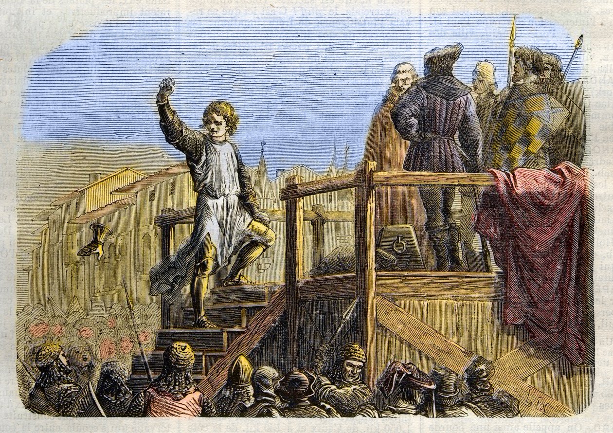 A execução de Conradin (ou Conrado de Hohenstaufen) Rei da Sicília e Duque da Suábia (1252-1268) por ordem de Carlos de Anjou após a batalha de Tagliacozzo em 1268" (Execução de Conradin (ou Conrado o mais jovem), último rei Staufer da Sicília, após de Unknown artist