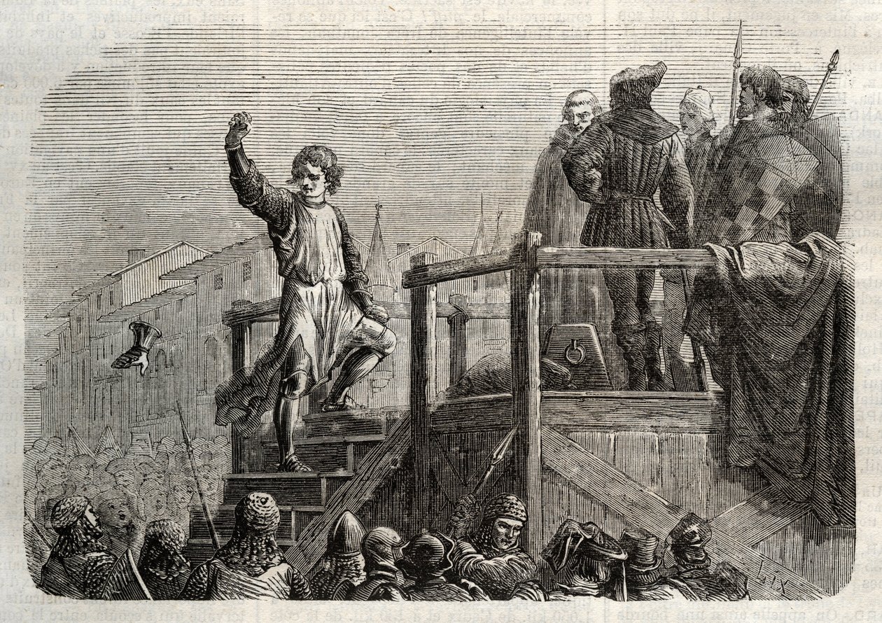A execução de Conradin (ou Conrado de Hohenstaufen) Rei da Sicília e Duque da Suábia (1252-1268) por ordem de Carlos de Anjou após a batalha de Tagliacozzo em 1268" (Execução de Conradin (ou Conrado o mais jovem), último rei Staufer da Sicília, após de Unknown artist