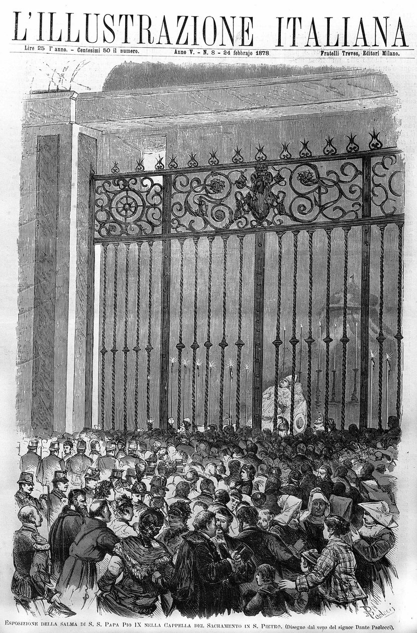 A exposição do corpo do Papa Pio IX (1792 - 1878) na capela do Sacramento, no Vaticano. Capa da "lillustrazione italiana", de fevereiro de 1878. de Unknown artist
