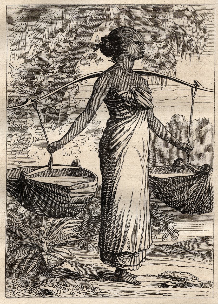 A expedição ao redor do mundo (1790-1792) pelo capitão Etienne Marchand (1755-1793): porta-água em Timor (Timor Leste, Indonésia) -ilustração retirada de "Os Grandes Marinheiros do século 18". de Unknown artist