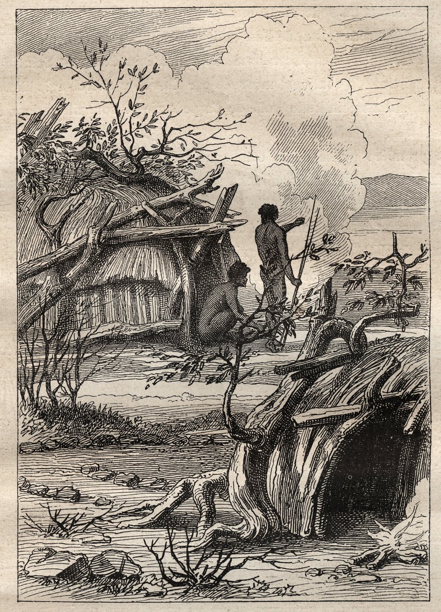 A expedição ao redor do mundo (1790-1792) pelo capitão Etienne Marchand (1755-1793): cabines indígenas da terra de Enddacht (Austrália) - ilustração tirada de "The Great Mariners of the 18th century" (Os Grandes Marinheiros do século XVIII) de Unknown artist