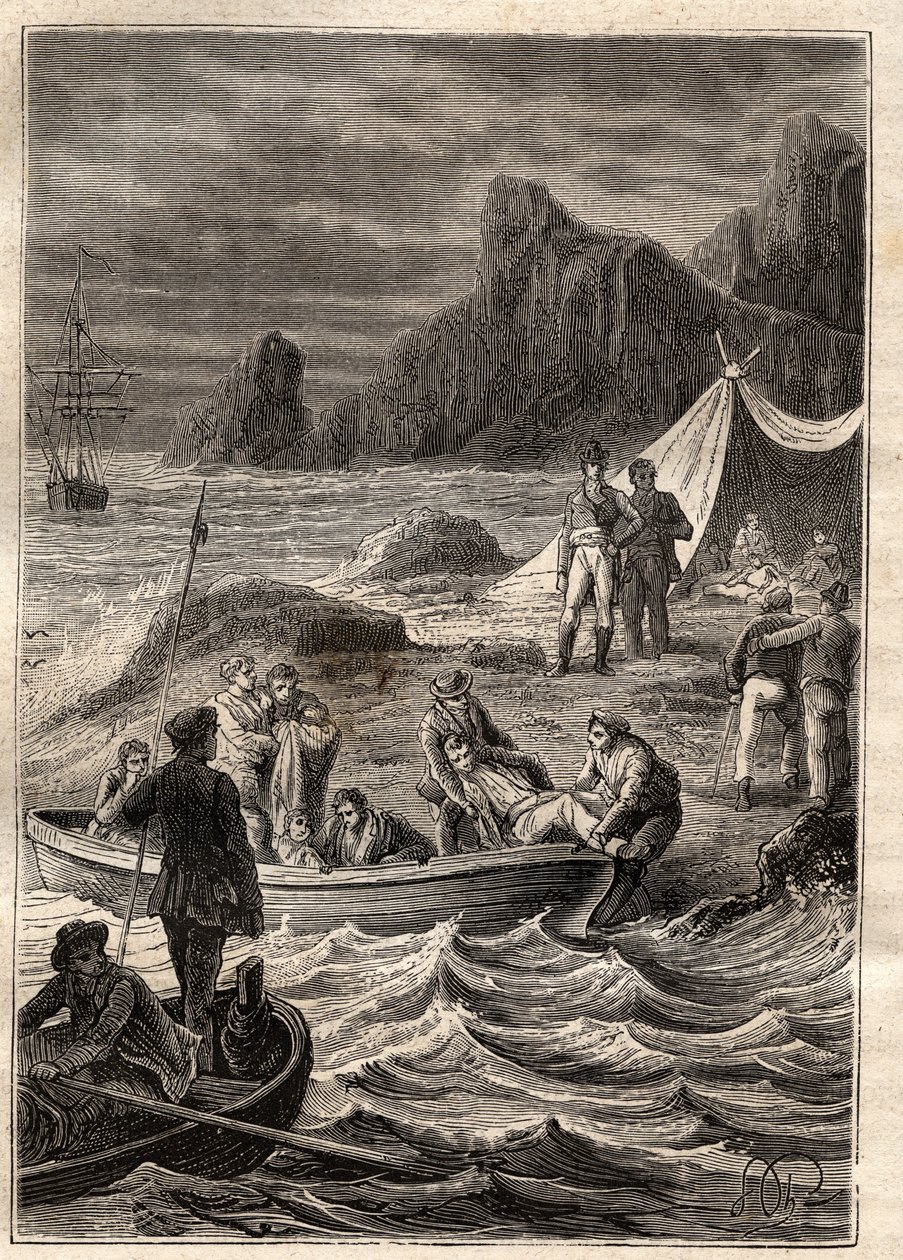 A expedição às terras do sul (1800-1803) por Nicolas Baudin (1754-1803): os doentes de escorbuto foram transportados para terra na Baía de Aventura (Tasmânia, Austrália) - ilustração tirada de "Os Grandes Marinheiros do século XVIII". de Unknown artist