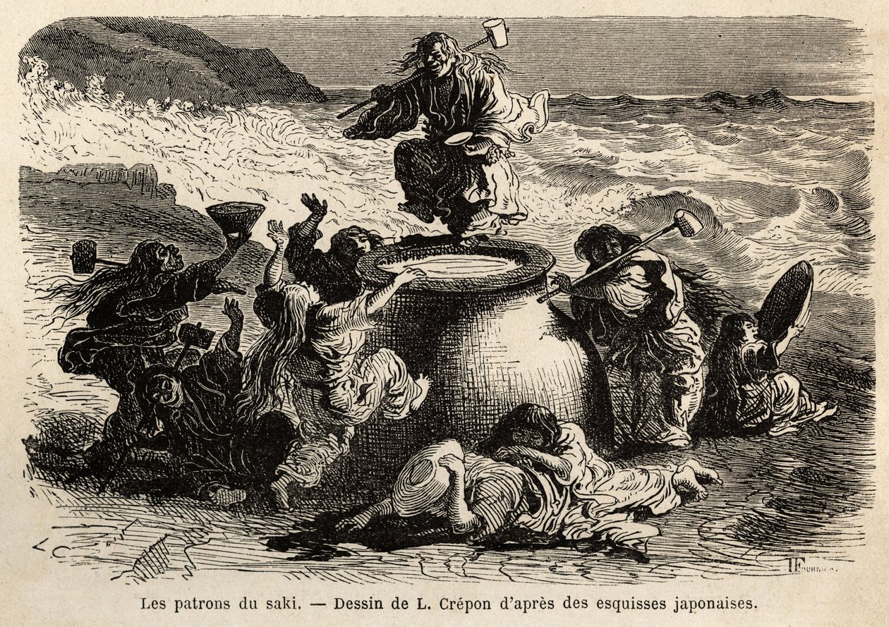 A família dos inventores do saquê, composta por pais e seus oito filhos, chefes colectivos de cervejaria, vivem na costa do grande Oceano, usam um cinto de folhas de carvalho e um longo cabelo ruivo que os cobre até aos quadris, braços de tigelas e de Unknown artist