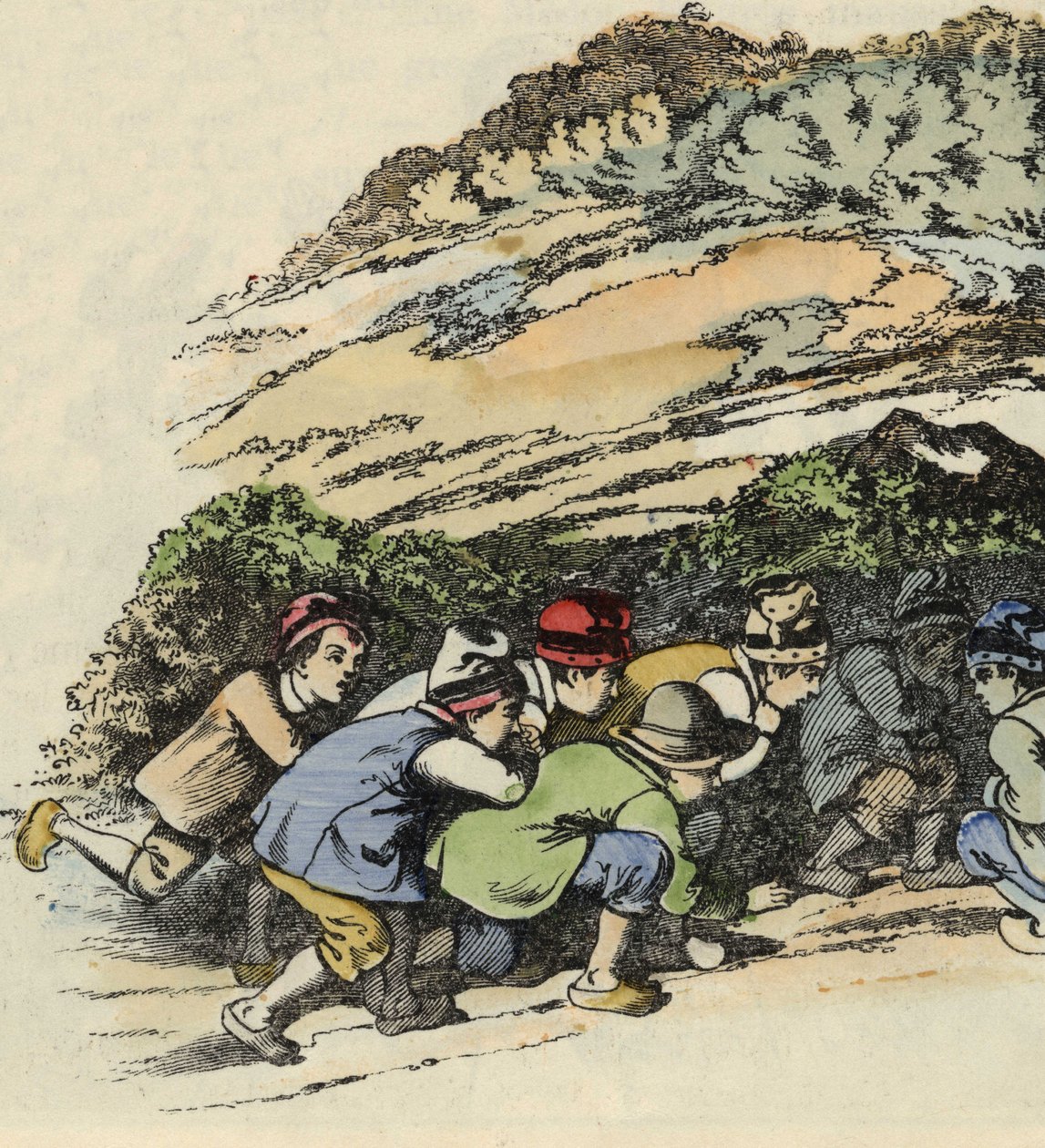 Os fetos do pequeno Poucet escondem-se numa rocha oca para escapar ao ogre. Ilustração do conto "Le Pepetit Poucet" de Charles Perrault de Unknown artist