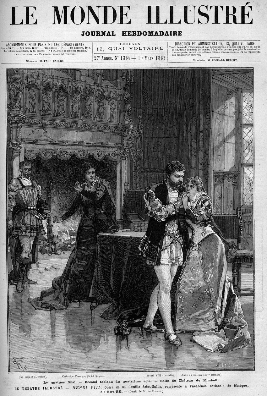 O quarteto final, a segunda pintura do quarto acto que se realiza na sala do castelo de Kimbolt. Cena da ópera Henrique VIII de Camille Saint Saens (Saint-Saens) representada na Academia Nacional de Música no dia 5 de Março. de Unknown artist