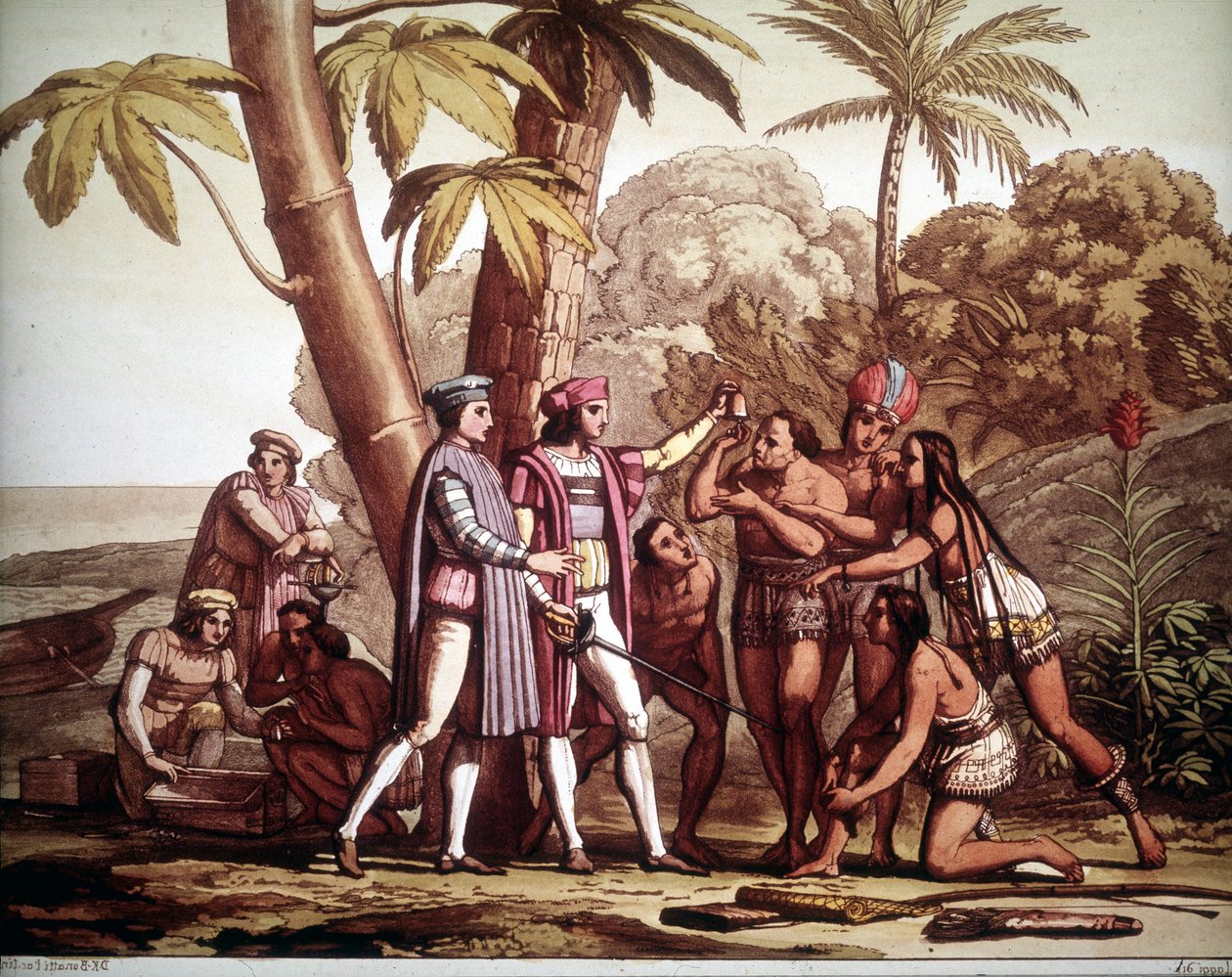 Os primeiros índios que apareceram a Cristóvão Colombo na sua chegada à América, - no "The old and modern costume" de Jules Ferrario de Unknown artist