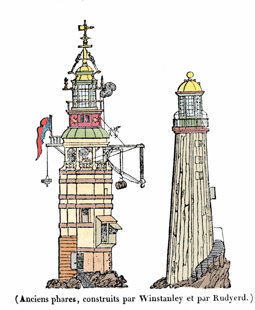 O primeiro e segundo farol em Eddystone. O primeiro, construído em 1696, desapareceu numa noite de tempestade em 1703; o segundo desabou em 1775 devido a um incêndio. de Unknown artist