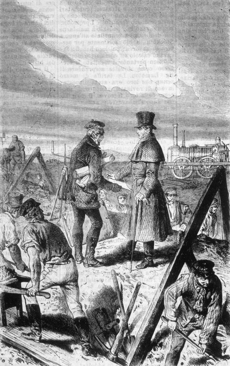 A primeira locomotiva a vapor construída pelo engenheiro britânico George Stephenson (1781-1848). de Unknown artist