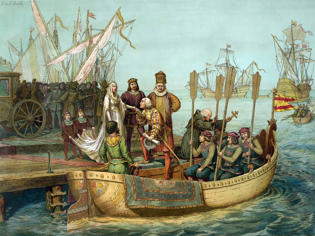 A primeira viagem: Cristóvão Colombo saudando a Rainha Isabel de Castela ao porto de Palos antes da partida em 1492. Gravura do século XIX de Unknown artist