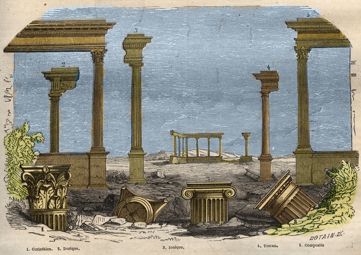As cinco ordens da arquitectura clássica (antiga): Coríntio, dórico, iónico, toscano e composto, cada uma representada por uma coluna. Gravura de 1857 em "Le Musee Des Sciences". de Unknown artist