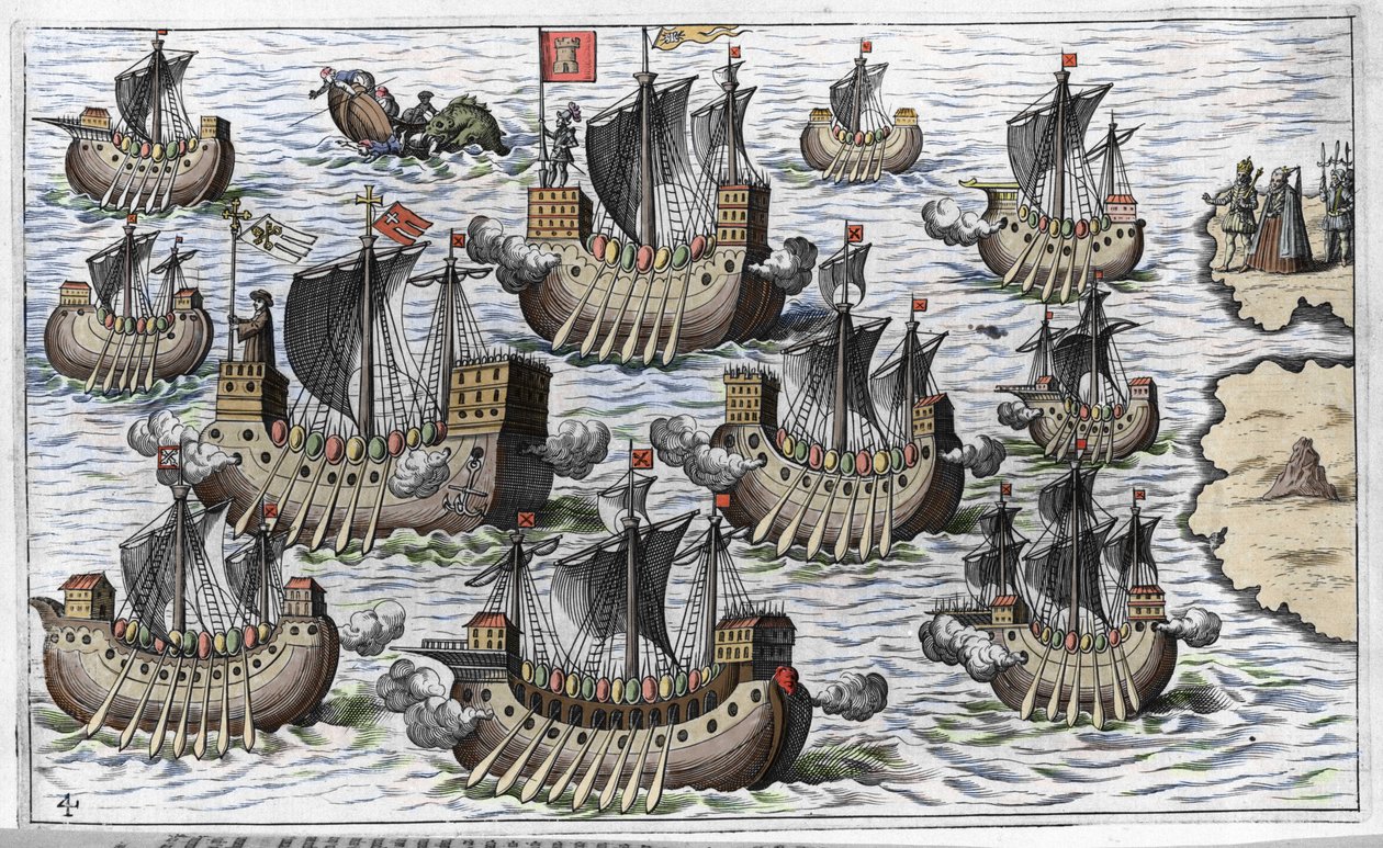 A frota de Cristóvão Colombo para conquistar o novo mundo - in "Nova Tipus Transacto Navigatio Novi Orbi" de Philoponus Honorius de Unknown artist