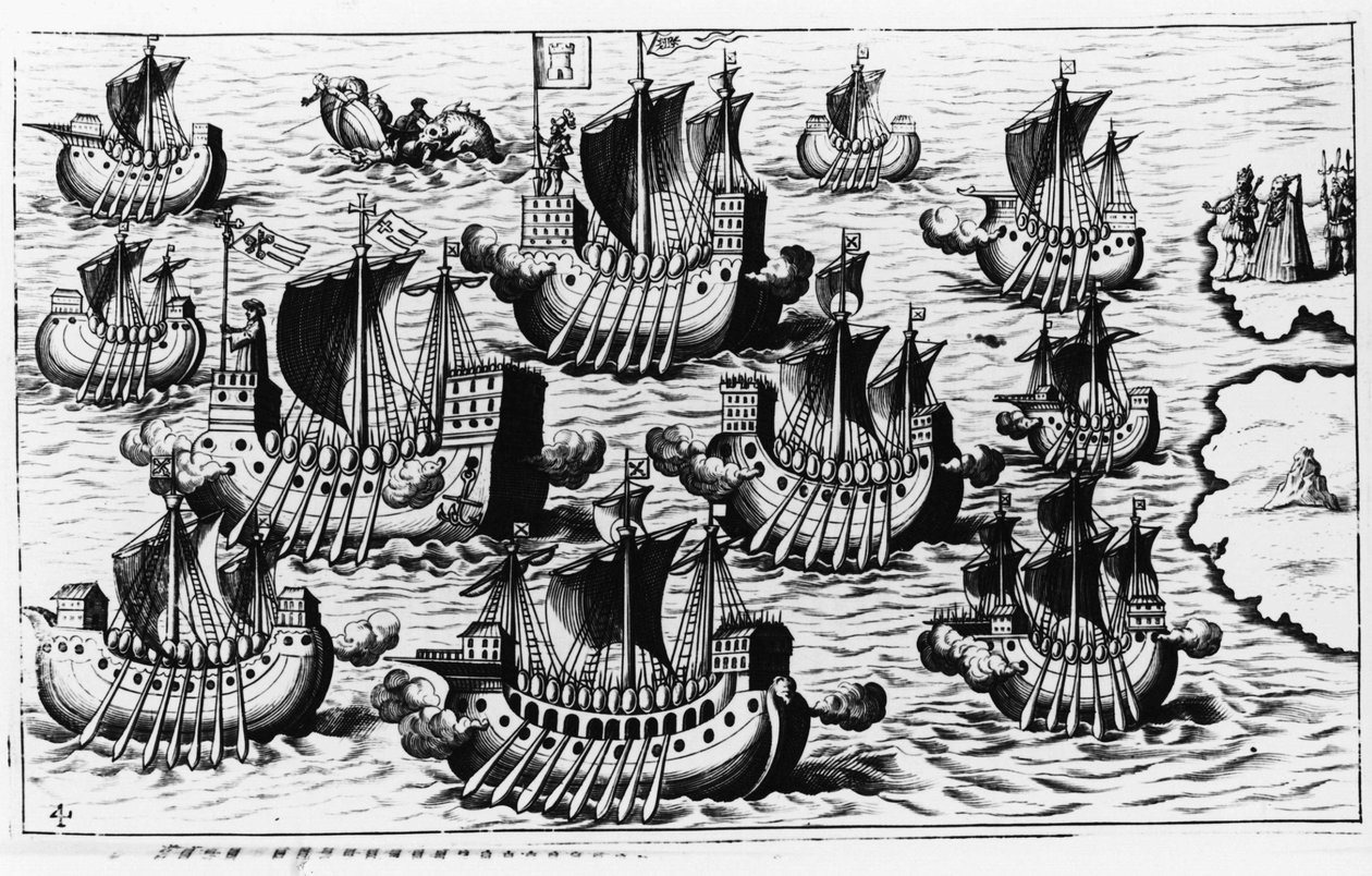 A frota de Cristóvão Colombo para conquistar o novo mundo - in "Nova Tipus Transacto Navigatio Novi Orbi" de Philoponus Honorius de Unknown artist