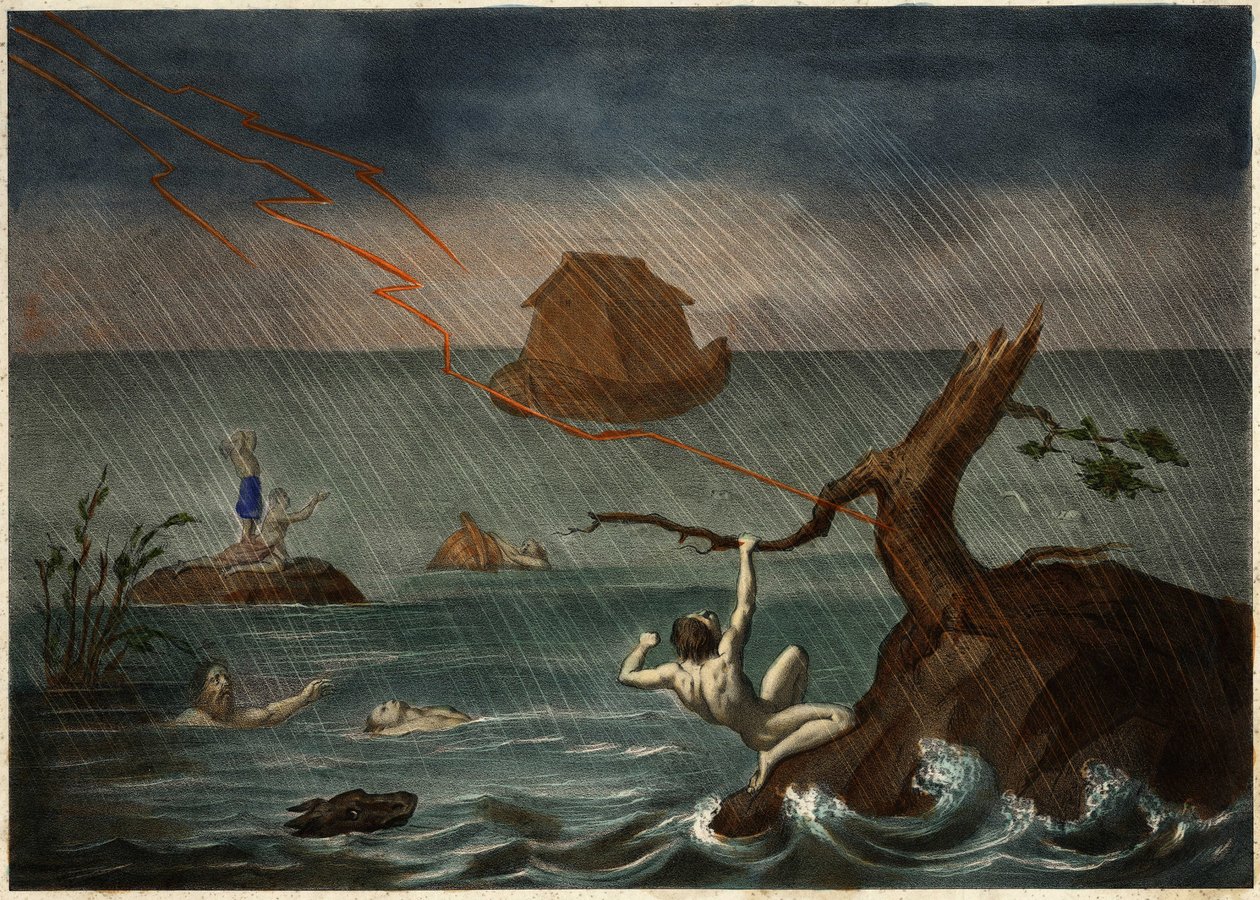 A inundação com a arca de Noé à distância. Gravura anónima de meados do século XIX. de Unknown artist